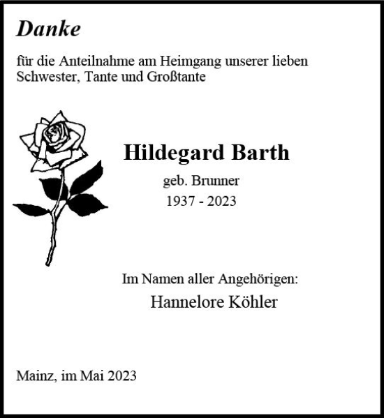 Traueranzeige von Hildegard Barth von Allgemeine Zeitung Mainz
