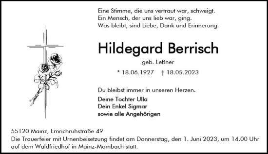 Traueranzeige von Hildegard Berrisch von Allgemeine Zeitung Mainz