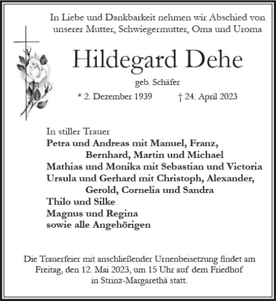 Traueranzeige von Hildegard Dehe von Wiesbadener Kurier