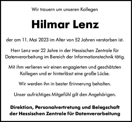 Traueranzeige von Hilmor Lenz von Wiesbadener Kurier