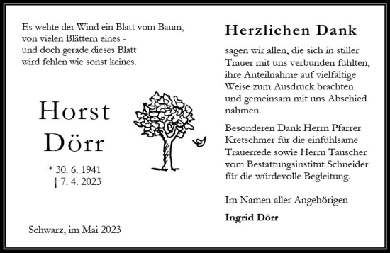 Traueranzeige von Horst Dörr von Oberhessen Kurier