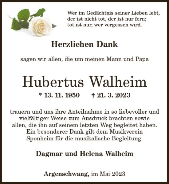 Traueranzeige von Hubertus Walheim von Allgemeine Zeitung Bad Kreuznach