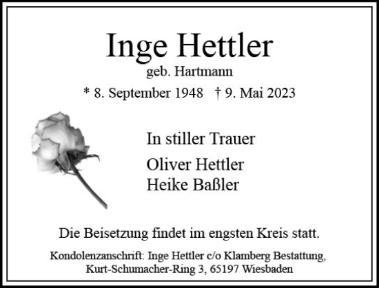 Traueranzeige von Inge Hettler von Wiesbadener Kurier