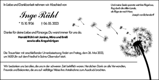 Traueranzeige von Inge Rühl von Wetzlarer Neue Zeitung