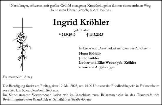 Traueranzeige von Ingrid Kröhler von Allgemeine Zeitung Alzey