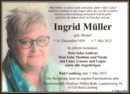 Traueranzeige von Ingrid Müller von Camberger Anzeiger