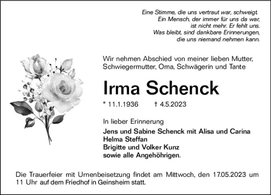 Traueranzeige von Irma Schenck von Groß-Gerauer Echo