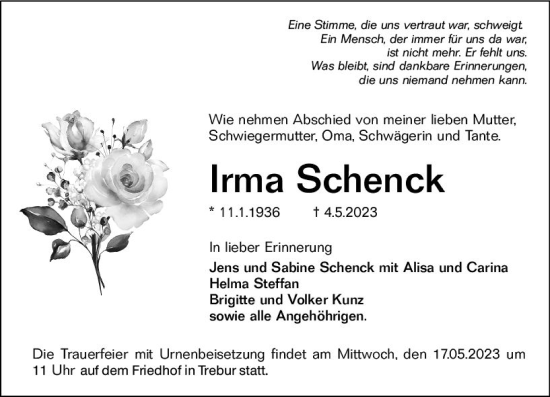 Traueranzeige von Irma Schenck von Groß-Gerauer Echo