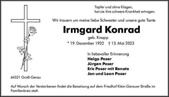 Traueranzeige von Irmgard Konrad von Groß-Gerauer Echo