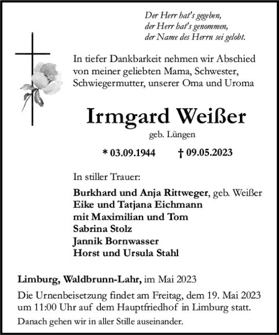 Traueranzeige von Irmgard Weißer von Nassauische Neue Presse