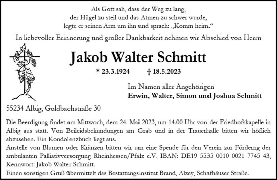 Traueranzeige von Jakob Walter Schmitt von Allgemeine Zeitung Alzey