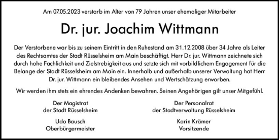 Traueranzeige von Joachim Wittmann von Rüsselsheimer Echo