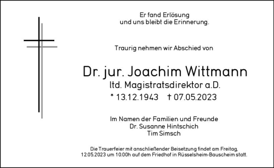 Traueranzeige von Joachim Wittmann von Rüsselsheimer Echo