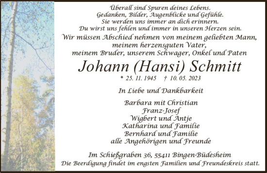 Traueranzeige von Johann lansi Schmitt von Allgemeine Zeitung Bingen/Ingelheim