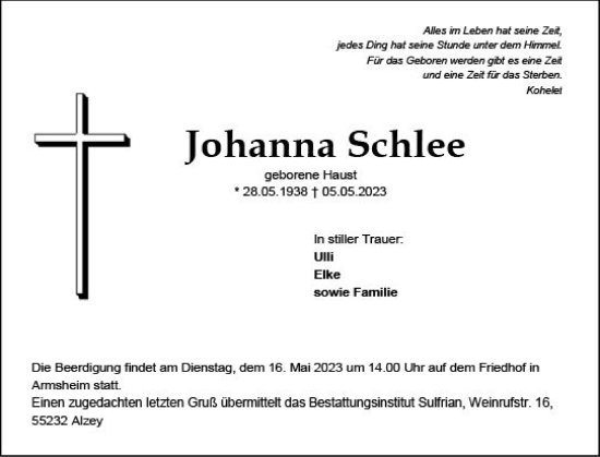 Traueranzeige von Johanna Schlee von Allgemeine Zeitung Alzey