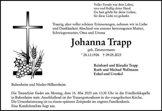 Traueranzeige von Johanna Trapp von Allgemeine Zeitung Bingen/Ingelheim