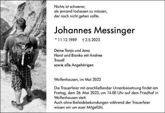 Traueranzeige von Johannes Messinger von Weilburger Tageblatt