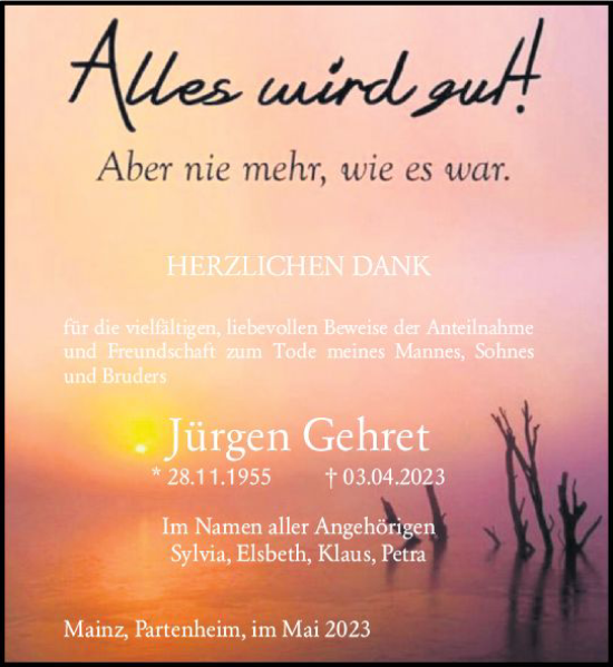 Traueranzeige von Jürgen Gehret von Allgemeine Zeitung Mainz