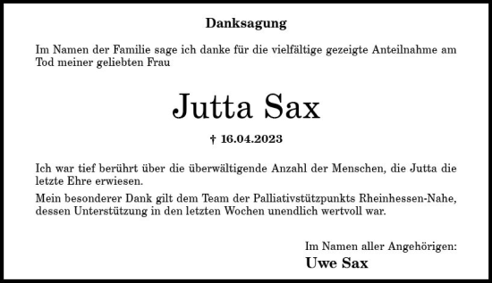 Traueranzeige von Jutta Sax von Allgemeine Zeitung Bad Kreuznach