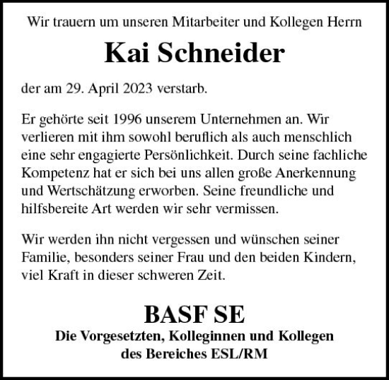 Traueranzeige von Kai Schneider von Wormser Zeitung