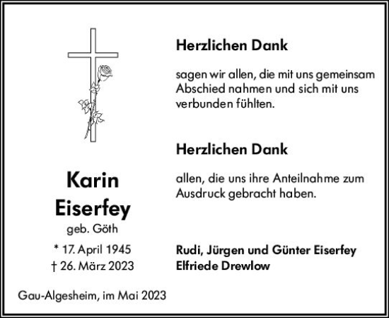 Traueranzeige von Karin Eiserfey von Allgemeine Zeitung Bingen/Ingelheim