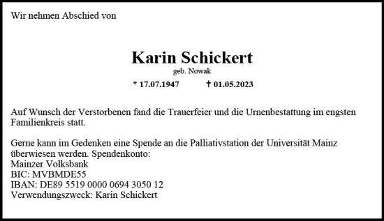 Traueranzeige von Karin Schickert von Allgemeine Zeitung Mainz