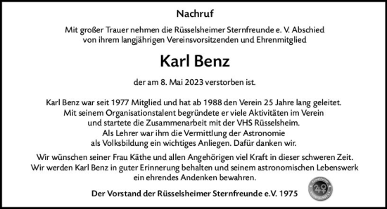 Traueranzeige von Karl Benz von Rüsselsheimer Echo