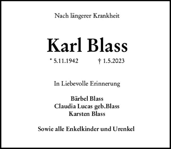 Traueranzeige von Karl Blass von Wetzlarer Neue Zeitung