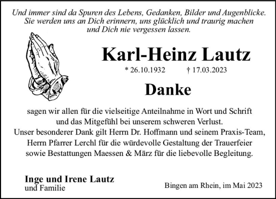 Traueranzeige von Karl-Heinz Lautz von Allgemeine Zeitung Bingen/Ingelheim