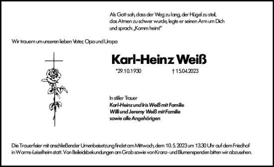 Traueranzeige von Karl-Heinz Weiß von Wormser Zeitung