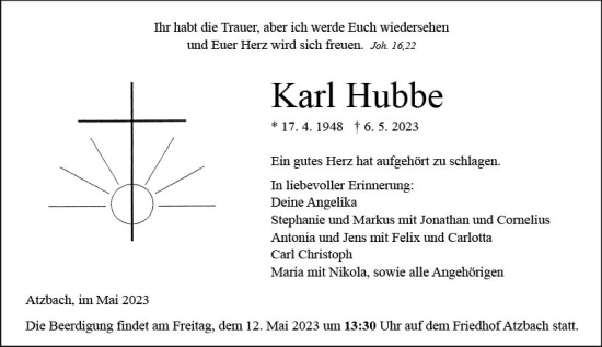 Traueranzeige von Karl Hubbe von Wetzlarer Neue Zeitung