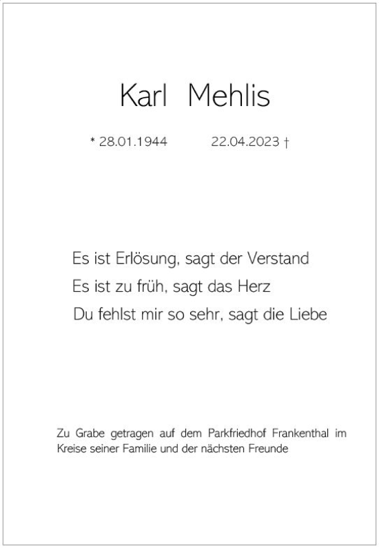 Traueranzeige von Karl Mehlis von Allgemeine Zeitung Mainz