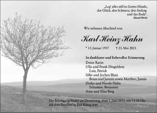 Traueranzeige von Karl Heinz Hahn von Odenwälder Echo