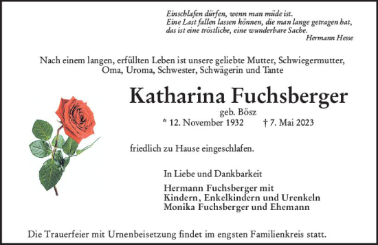 Traueranzeige von Katharina Fuchsberger von Hochheimer Zeitung