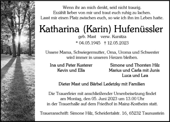 Traueranzeige von Katharina Hufenüssler von Wiesbadener Kurier