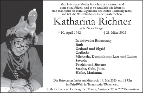Traueranzeige von Katharina Richner von Wiesbadener Kurier