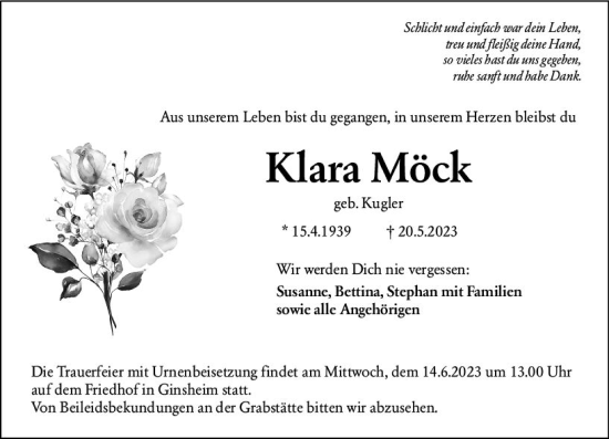 Traueranzeige von Klara Möck von Allgemeine Zeitung Mainz