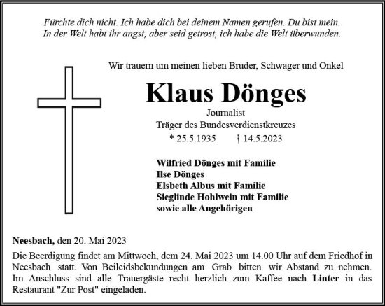 Traueranzeige von Klaus Dönges von Nassauische Neue Presse