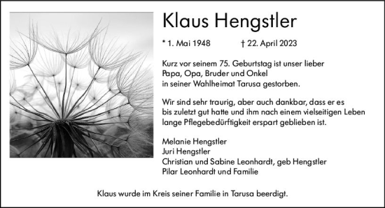 Traueranzeige von Klaus Hengstler von Untertaunus/Idstein Wochenblatt