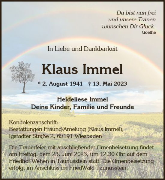 Traueranzeige von Klaus Immel von Wiesbadener Kurier