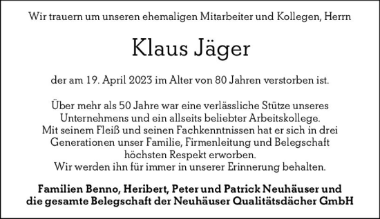 Traueranzeige von Klaus Jäger von Allgemeine Zeitung Mainz