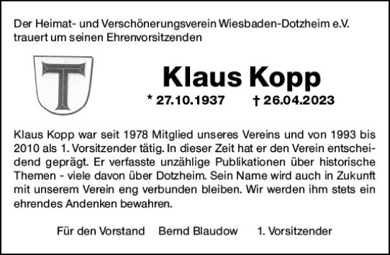 Traueranzeige von Klaus Kopp von Wiesbadener Kurier