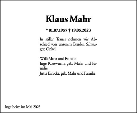 Traueranzeige von Klaus Mahr von Allgemeine Zeitung Bingen/Ingelheim