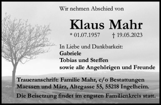 Traueranzeige von Klaus Mahr von Allgemeine Zeitung Bingen/Ingelheim