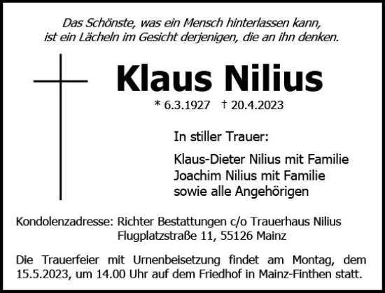 Traueranzeige von Klaus Nilius von Allgemeine Zeitung Mainz