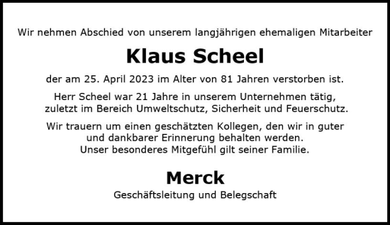 Traueranzeige von Klaus Scheel von Darmstädter Echo