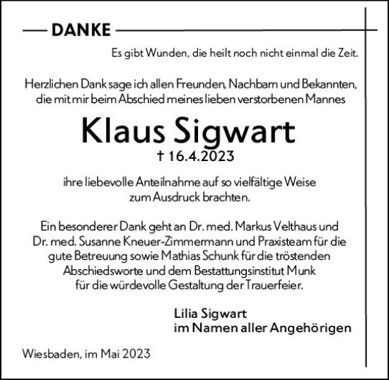 Traueranzeige von Klaus Sigwart von Wiesbadener Kurier