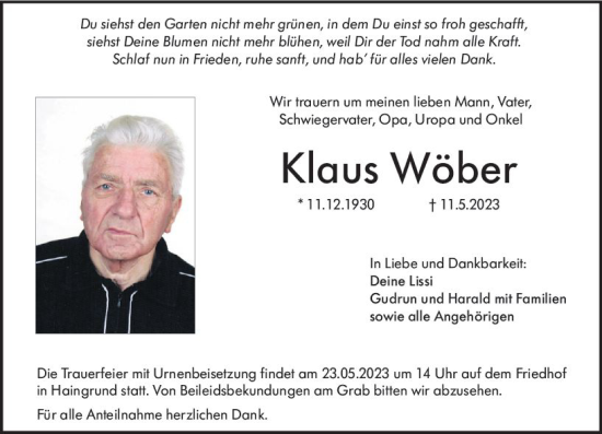 Traueranzeige von Klaus Wöber von Odenwälder Echo