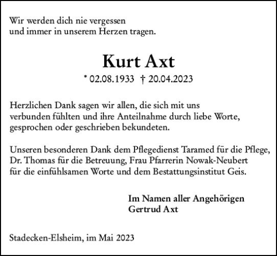 Traueranzeige von Kurt Axt von Allgemeine Zeitung Mainz