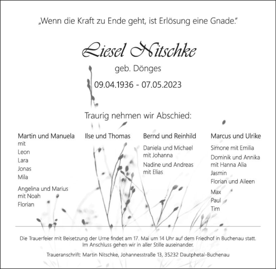 Traueranzeige von Liesel Nitschke von Hinterländer Anzeiger
